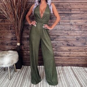 Wide Leg Halter Jumpsuit in Olive Green